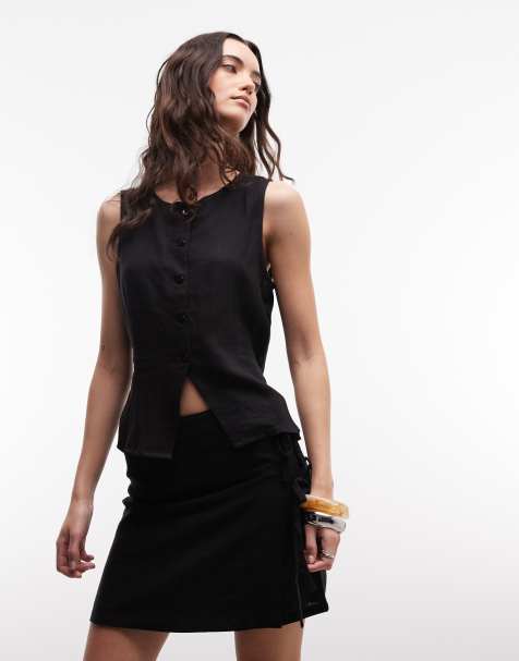 Noisy May linen mix vest & inen mix wraparound tie side mini skirt set in black - view 1