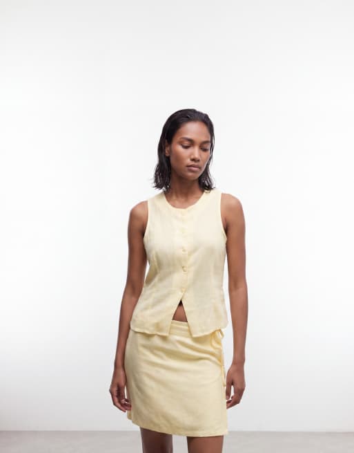Noisy May linen mix waistcoat & wrap around tie side mini skirt set in buttermilk, 2 of 3