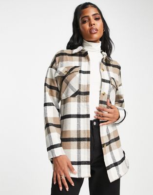 Noisy May long sleeve belted shacket in taupe check