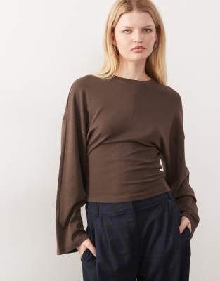 Noisy May Long Sleeve Cinch Waist Top In Brown