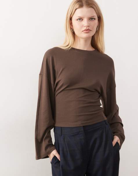 Noisy May long sleeve cinch waist top in chocolate 