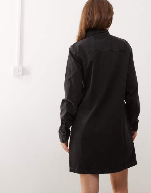 button down long sleeve black denim dress