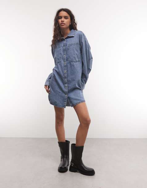 Noisy May long sleeve denim shirt dress in mid blue - view 1