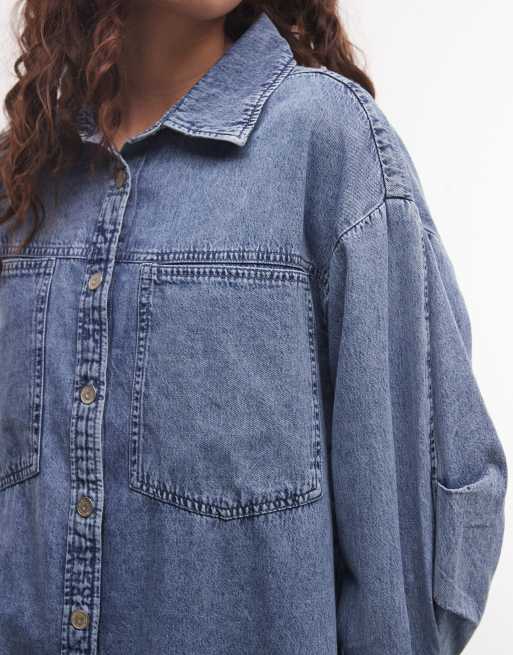 Noisy May long sleeve denim shirt dress in mid blue, 3 of 4