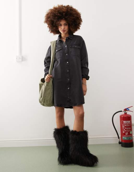 Noisy May long sleeve denim shirt dress in washed black, 2 of 4
