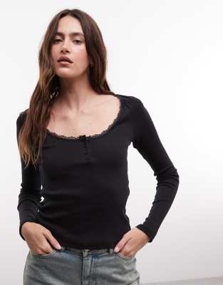 Noisy May Long Sleeve Henley T-shirt With Lace Neckline In Black