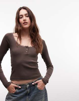 Noisy May Long Sleeve Henley T-shirt With Lace Neckline In Brown