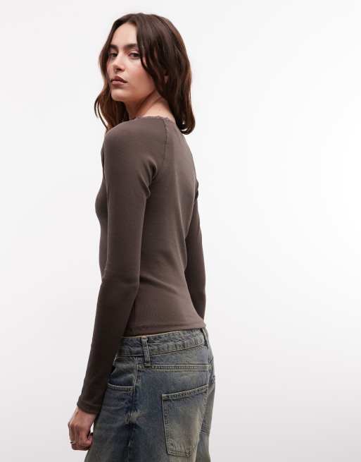 Noisy May long sleeve henley t-shirt with lace trim in chocolate, 4 of 4