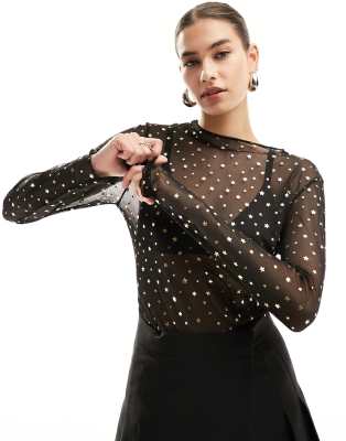 Noisy May Long Sleeve High Neck Mesh Top In Black With Gold Stars