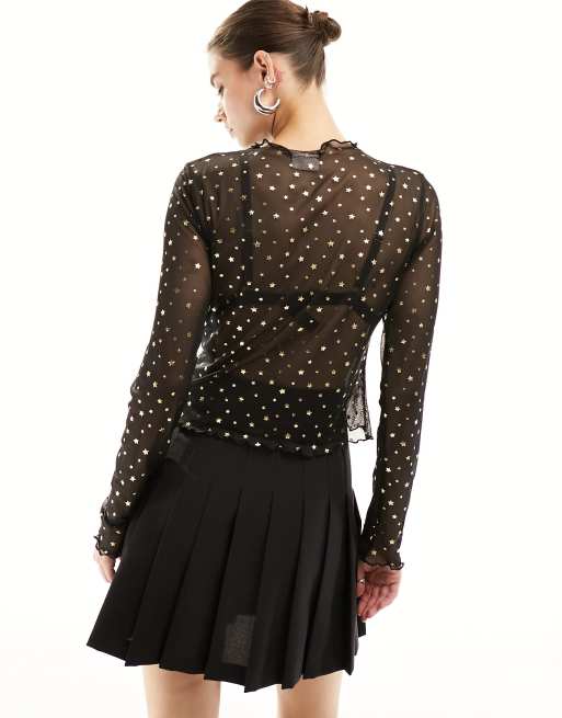 Noisy May long sleeve high neck mesh top in black with gold stars, 2 of 4