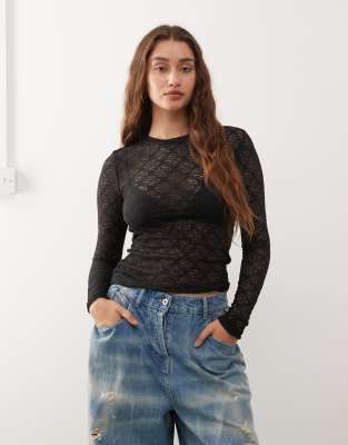 Noisy May Long Sleeve Lace Top In Black