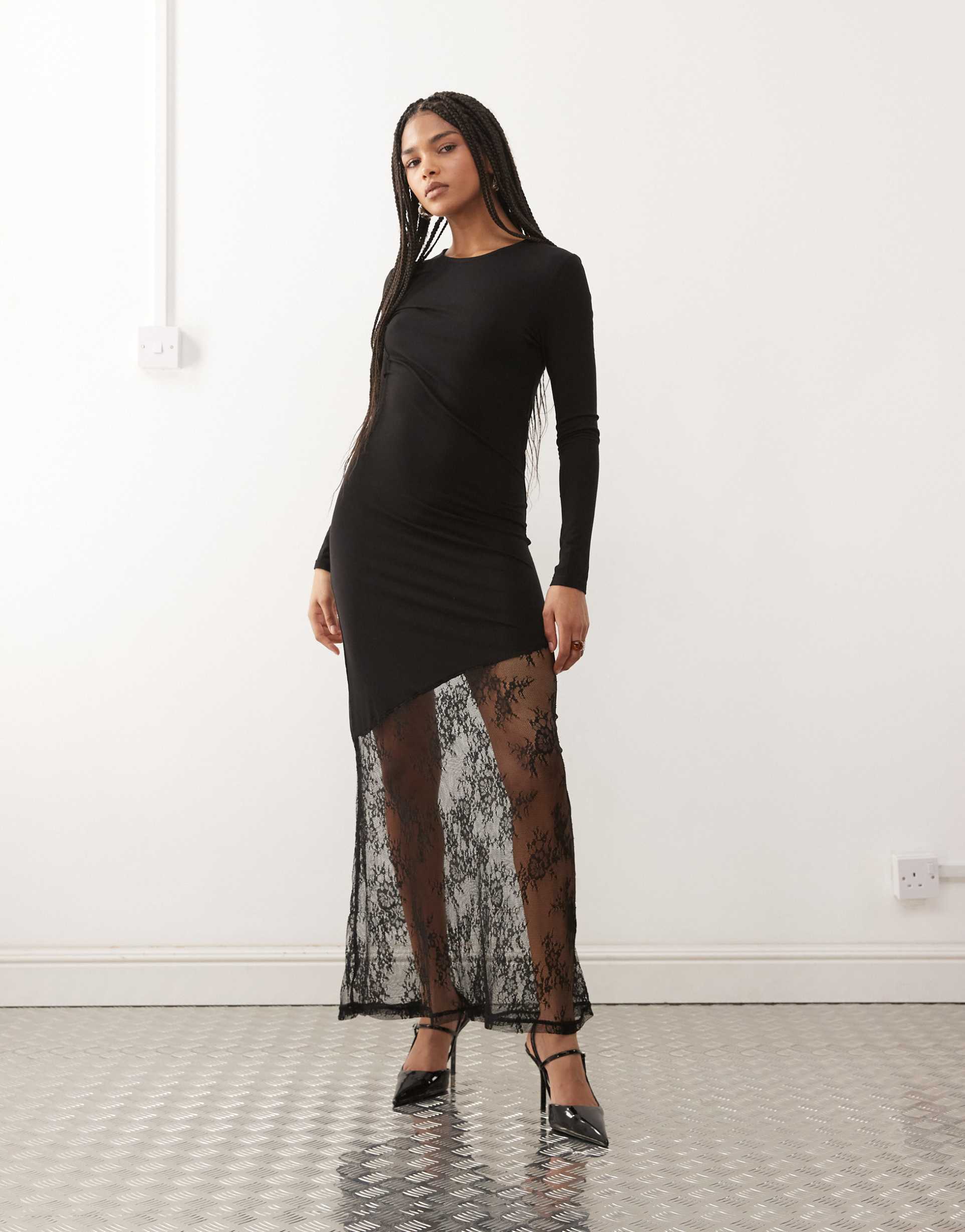 noisy may long sleeve maxi dress with lace fishtail in black
