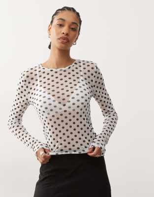 Noisy May Noisy May long sleeve mesh top in black and white polka