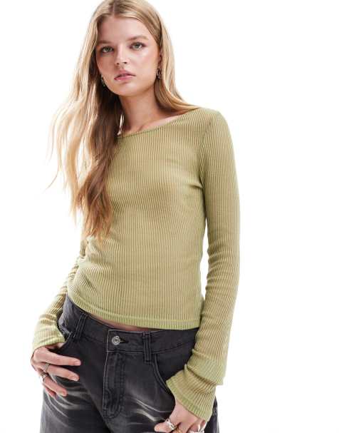 Noisy May long sleeve sheer ribbed top in sage green - view 1