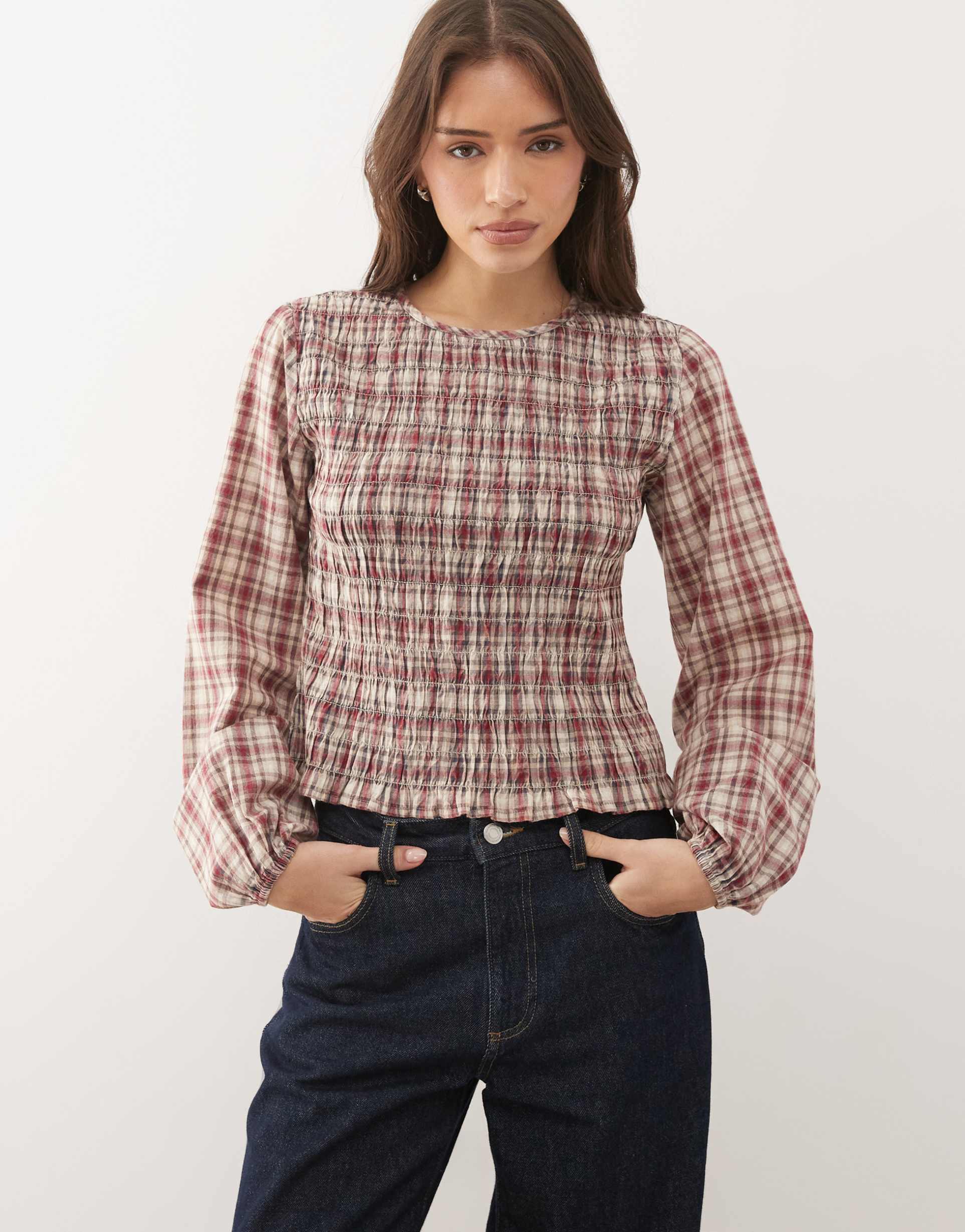 noisy may long sleeve smock top in red and beige plaid
