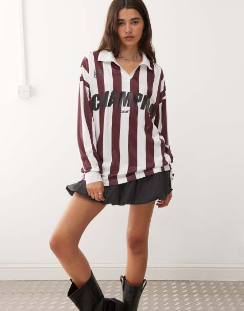 Noisy May long sleeve sport jersey in burgundy stripe - view 1