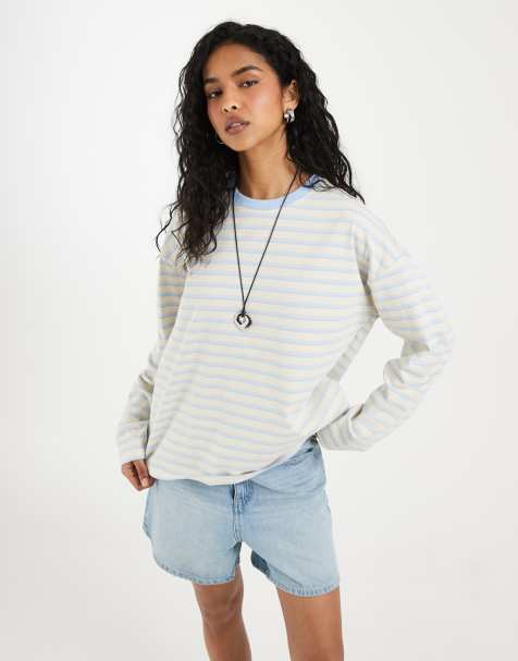 Noisy May long sleeve sweatshirt in cream and blue stripe - view 1