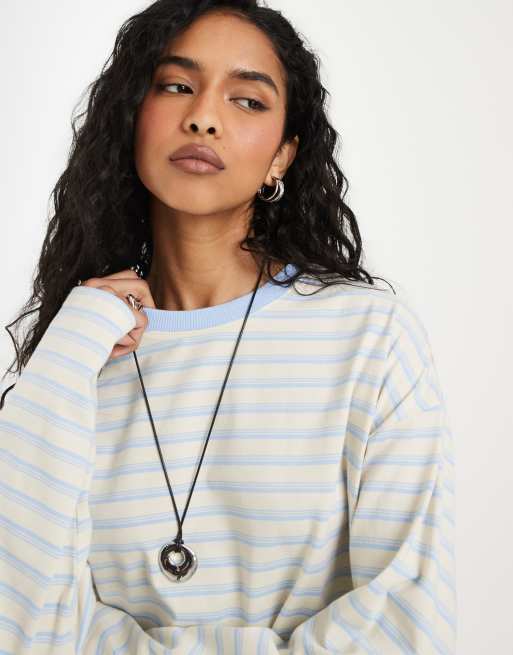 Noisy May long sleeve sweatshirt in cream and blue stripe, 4 of 4