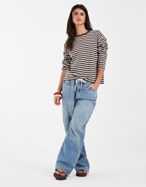 Noisy May long sleeve top in brown stripes, 2 of 4