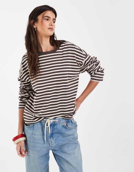 Noisy May long sleeve top in brown stripes, 3 of 4