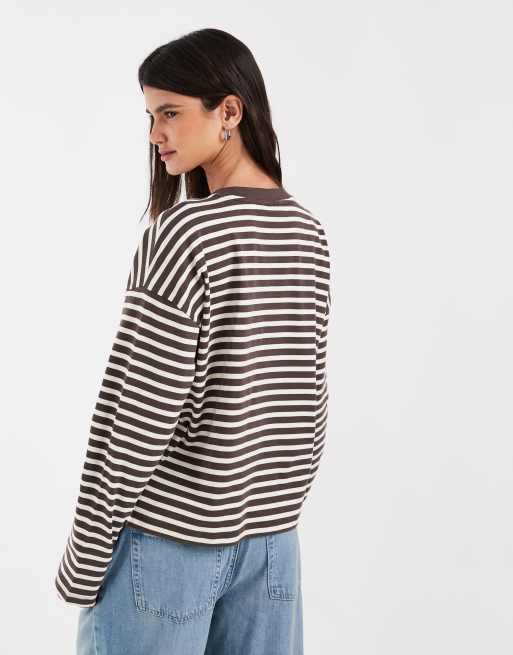 Noisy May long sleeve top in brown stripes, 4 of 4