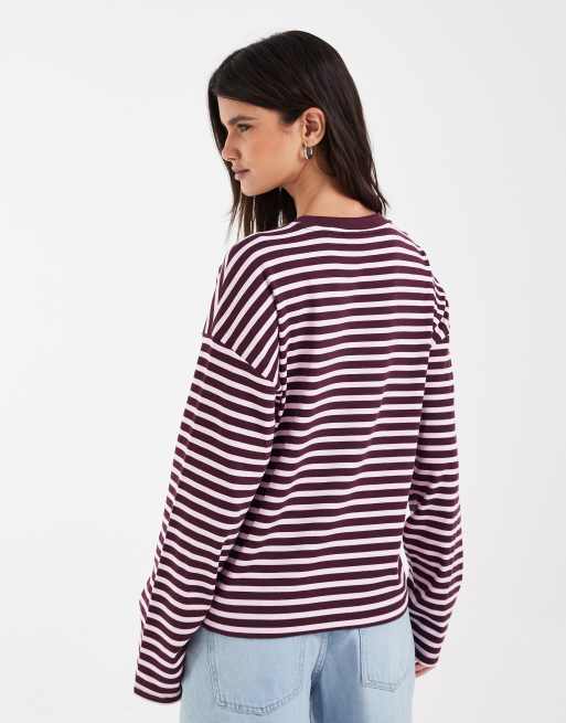Noisy May long sleeve top in burgundy stripes, 4 of 4