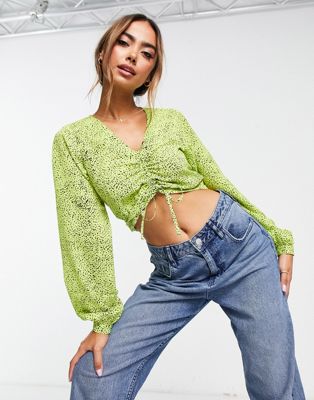 Noisy May long sleeve v neck crop top with ruching details in green multi