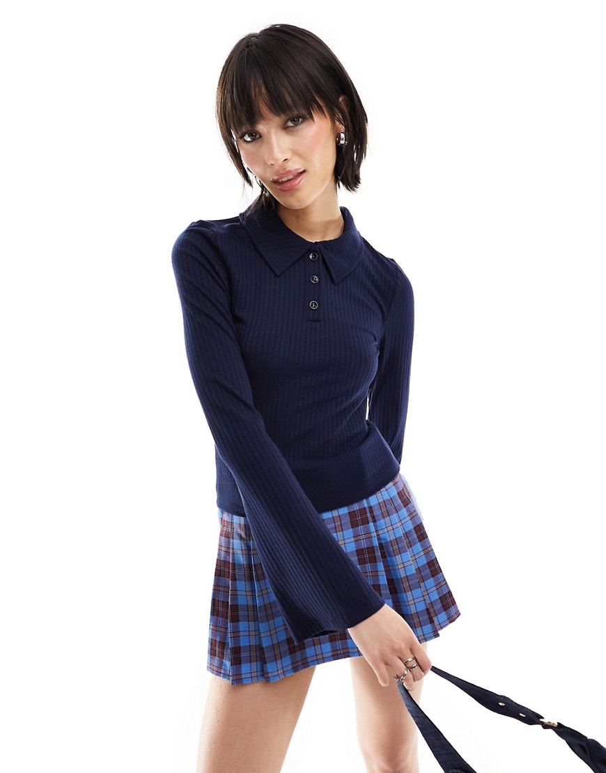 Noisy May long wide sleeve polo top in navy