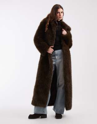 Noisy May Longline Faux Fur Coat In Brown