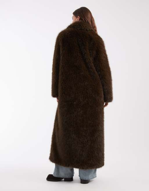 Noisy May longline faux fur coat in chocolate, 3 of 4