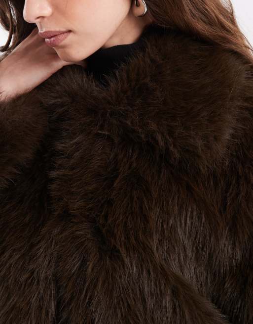Noisy May longline faux fur coat in chocolate, 4 of 4