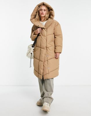 Noisy May longline padded coat with hood in camel