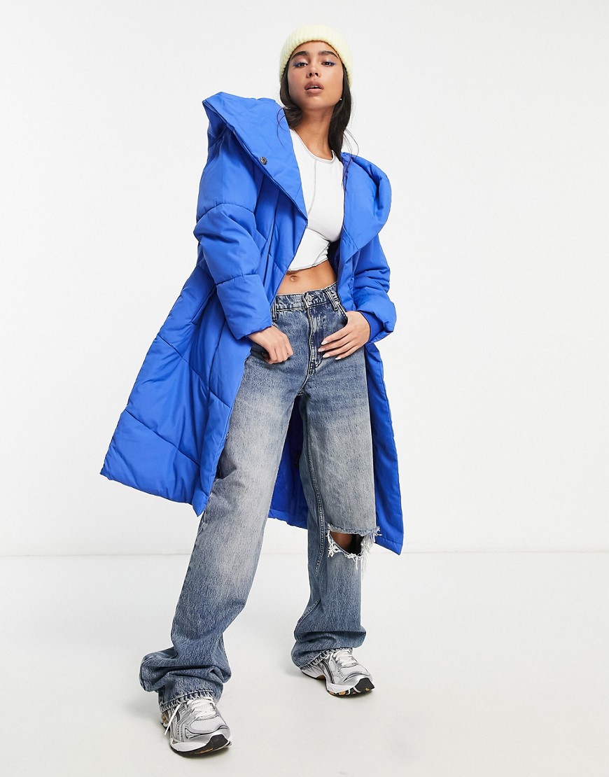 Noisy May longline padded coat with hood in bright blue