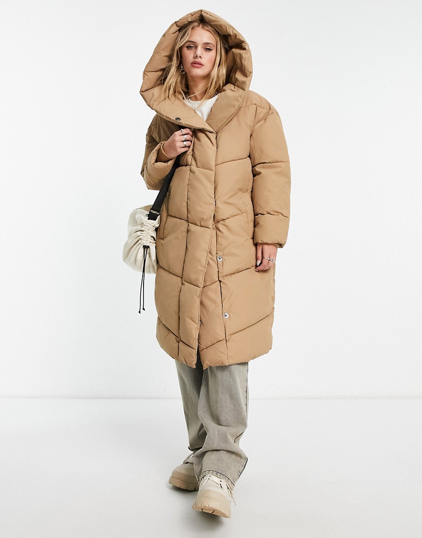 Noisy May longline padded coat with hood in camel-Neutral