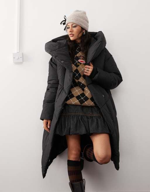 Noisy May longline padded coat with oversized hood in black