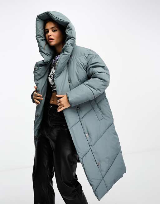 Noisy May longline padded coat with oversized hood in grey