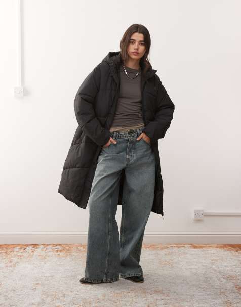 Noisy May longline padded puffer coat with hood in black - view 1