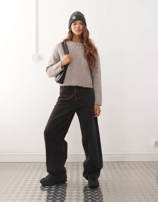 Noisy May loose crew neck knit jumper in taupe, 3 of 4