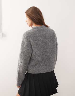 Noisy May Loose Crew Neck Knit Sweater In Gray