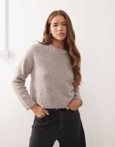 Noisy May loose crew neck knit sweater in taupe - view 1