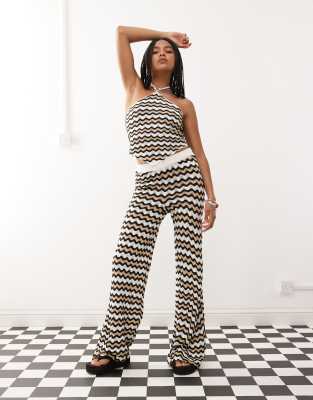 loose fit crochet pants in black & beige wave - part of a set-Neutral