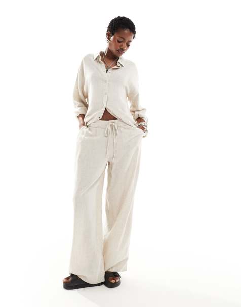 Noisy May loose fit linen mix pants in oatmeal (part of a set) - view 1