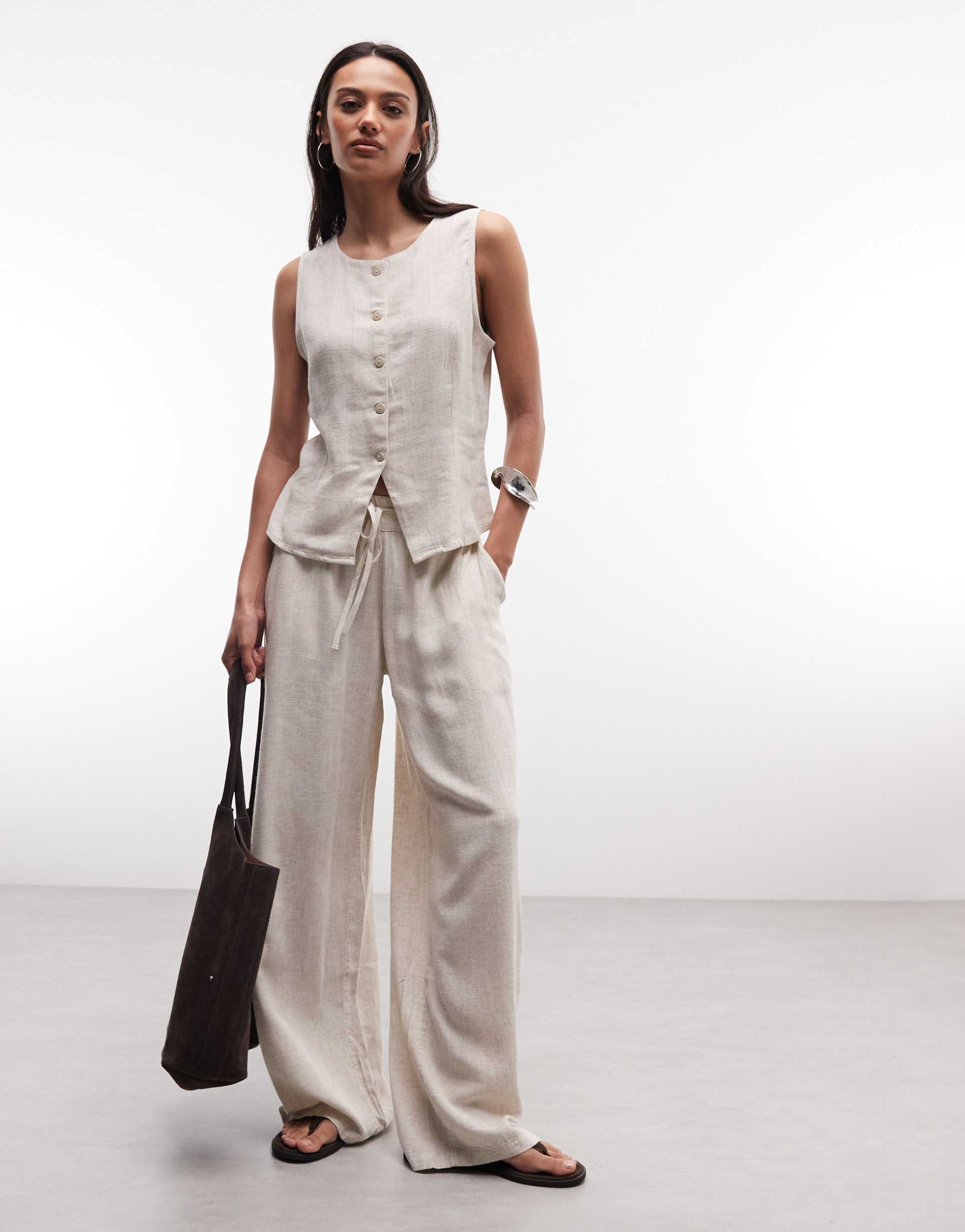 noisy may loose fit linen mix pants in oatmeal - part of a set
