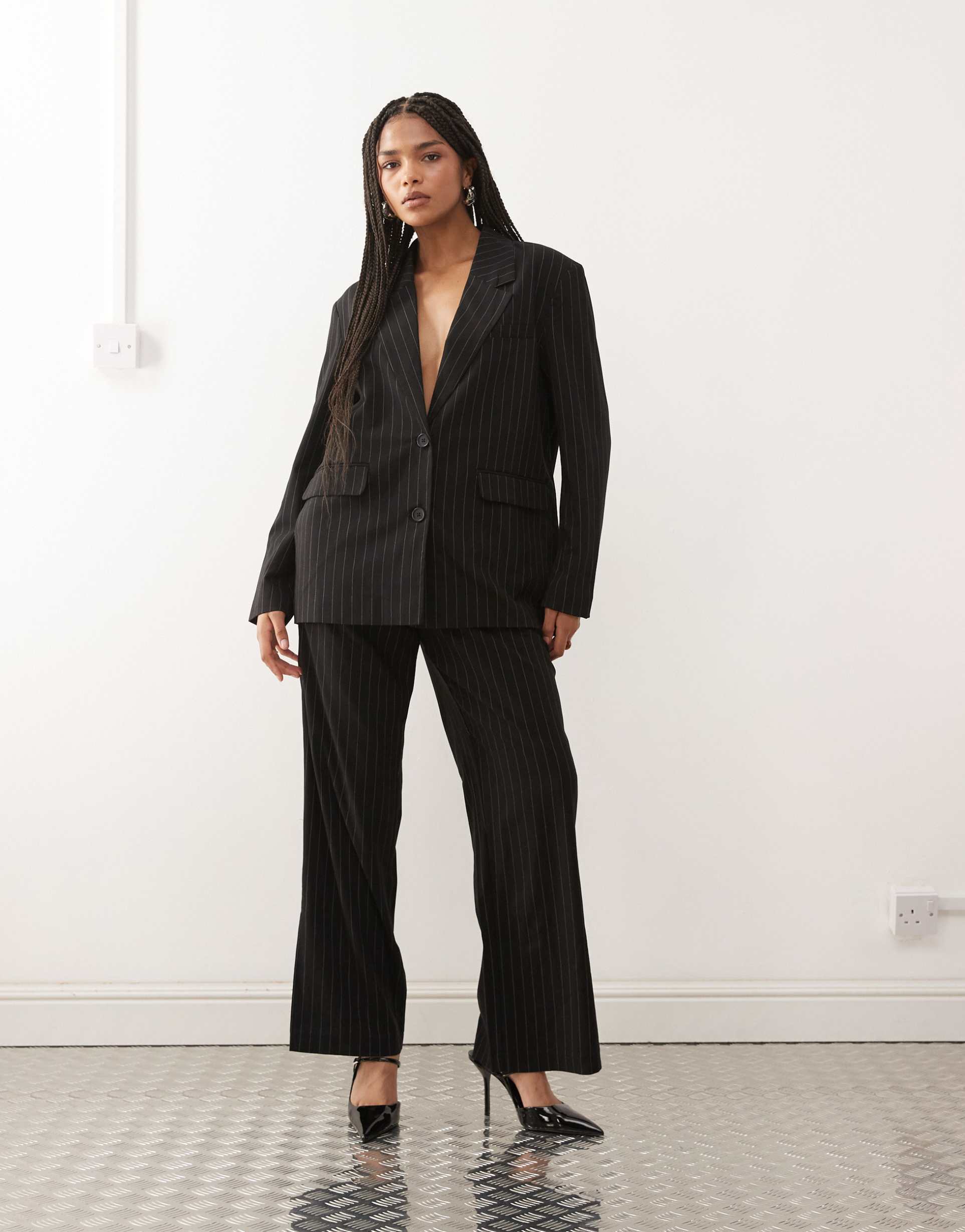 noisy may loose fit tailored pants in black pinstripes - part of a set