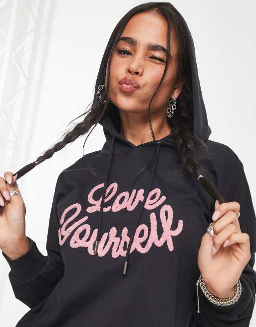Noisy May love yourself motif hoodie in charcoal grey