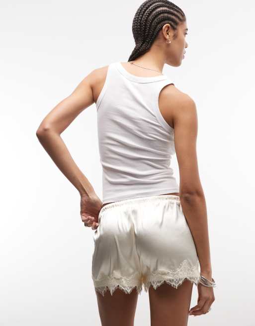Noisy May low rise satin shorts with lace hem in ivory, 4 of 5
