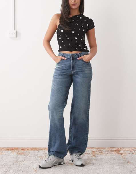 Noisy May mid rise baggy jeans in dark blue denim