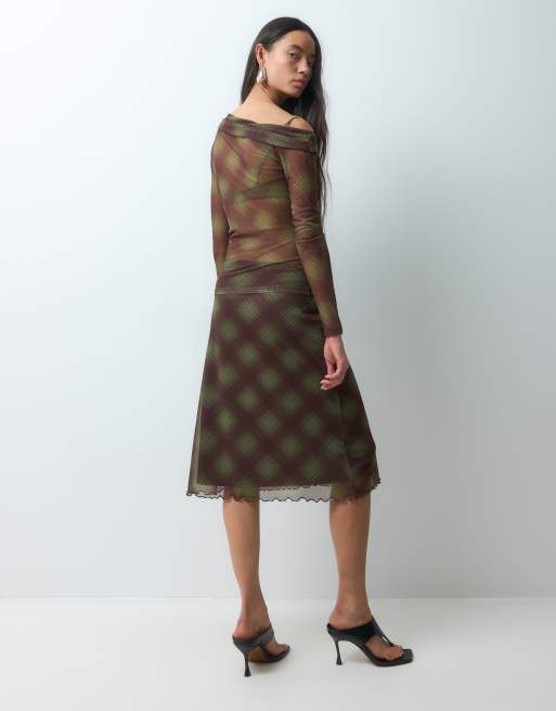 Noisy May low waist mesh midi skirt co-ord in green checks, 3 of 5