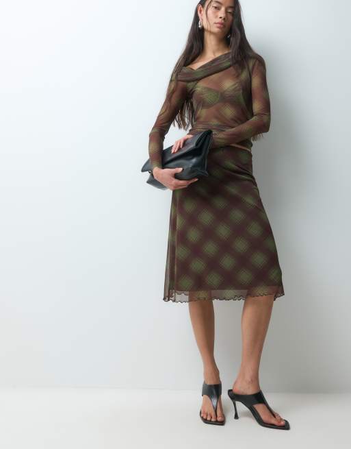 Noisy May low waist mesh midi skirt co-ord in green checks, 5 of 5