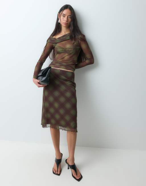 Noisy May mesh off-shoulder top & low waist midi skirt set in green check, 2 of 3